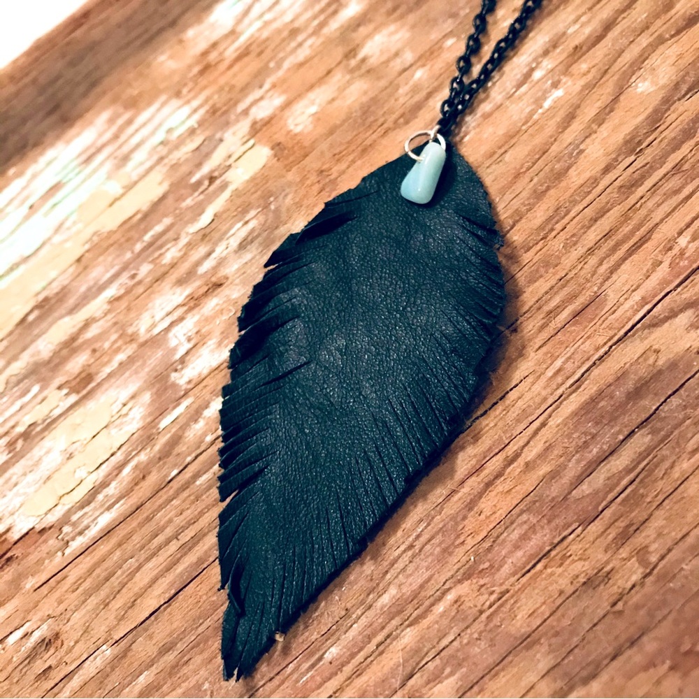 2/$50!🌱 New Handmade Local Artisan Long Authentic Leather Feather Necklace